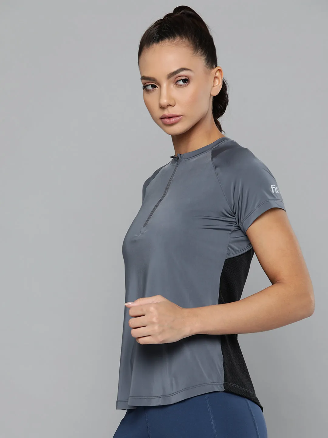 Women Grey & Black Slim Fit Training or Gym T-shirt