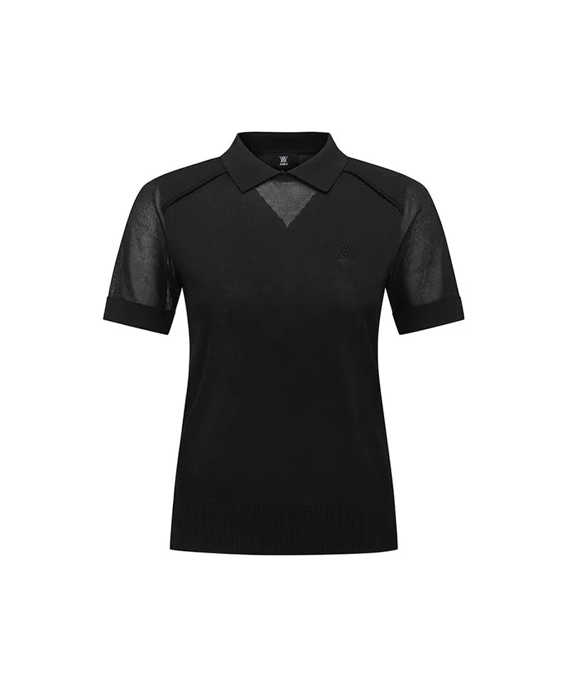 Women Mesh Point Short Sweater - Black